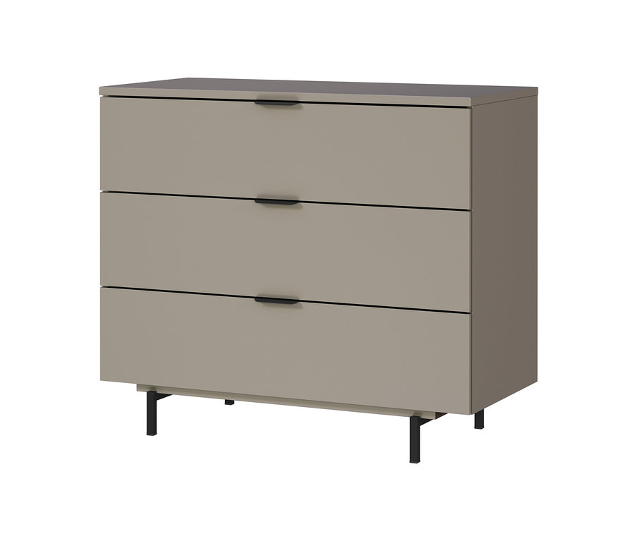 Beige Wickelkommode Tomino mit drei Schubladen und schwarzen Beinen.