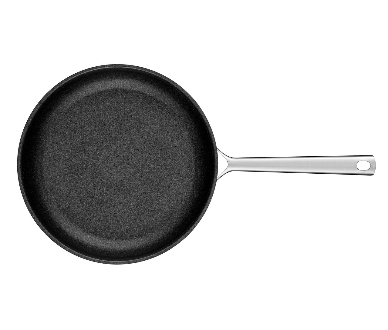 Detailaufnahme einer schwarzen ZWILLING Bratpfanne »True Flow« mit Edelstahlgriff.