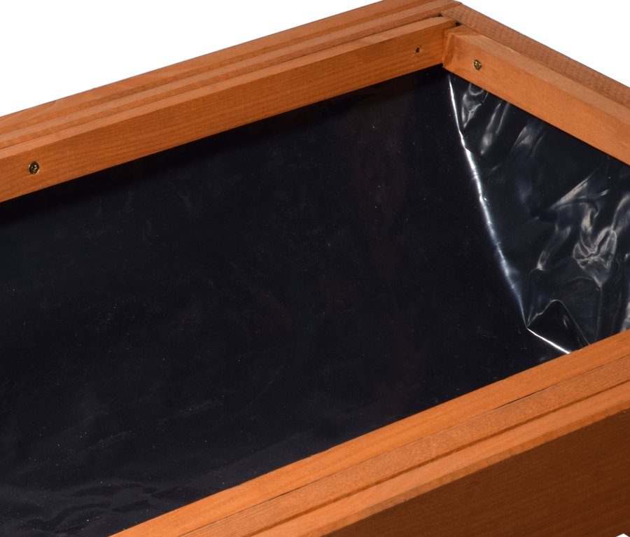 Nahaufnahme eines braunen, doppelten XL-Hochbeets mit schwarzem Einsatz.