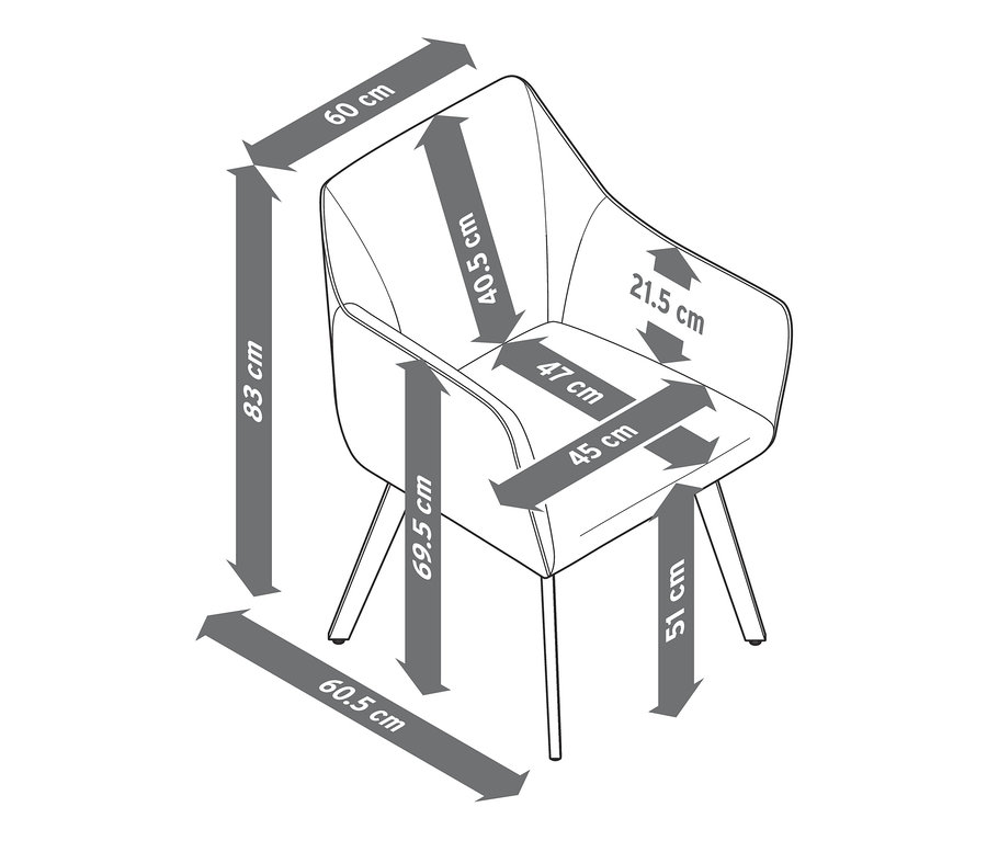 Abmessungen des Dining-Sessels mit Quick-Dry-Foam und Outdoor-Tex-Bezug.