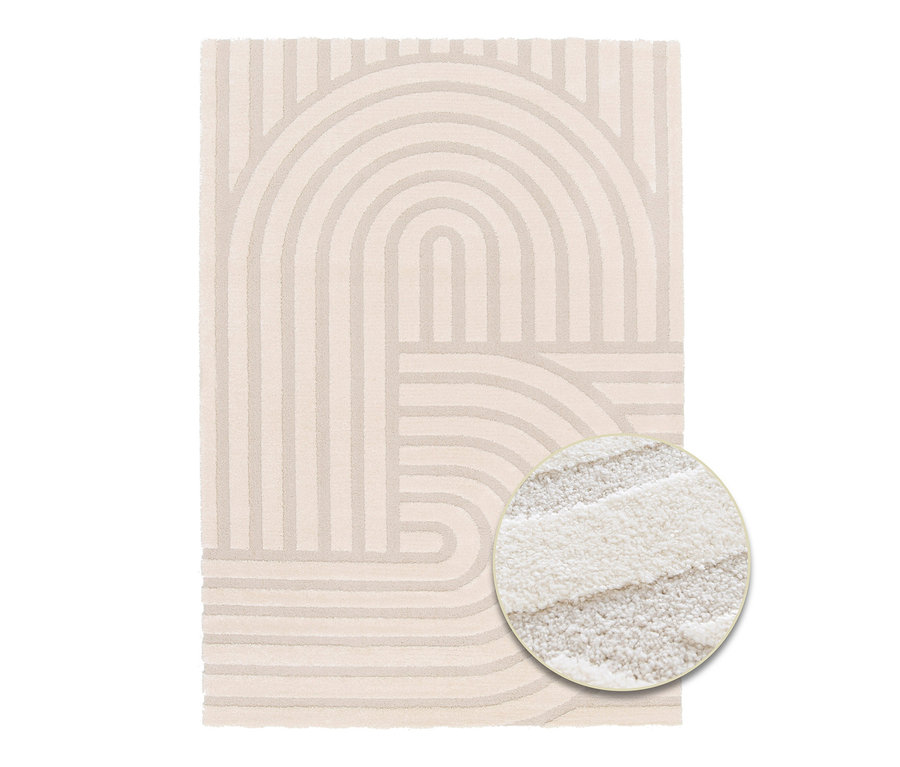 Beiger Teppich »Cosmo« mit geometrischem Muster aus Bögen und geraden Linien.