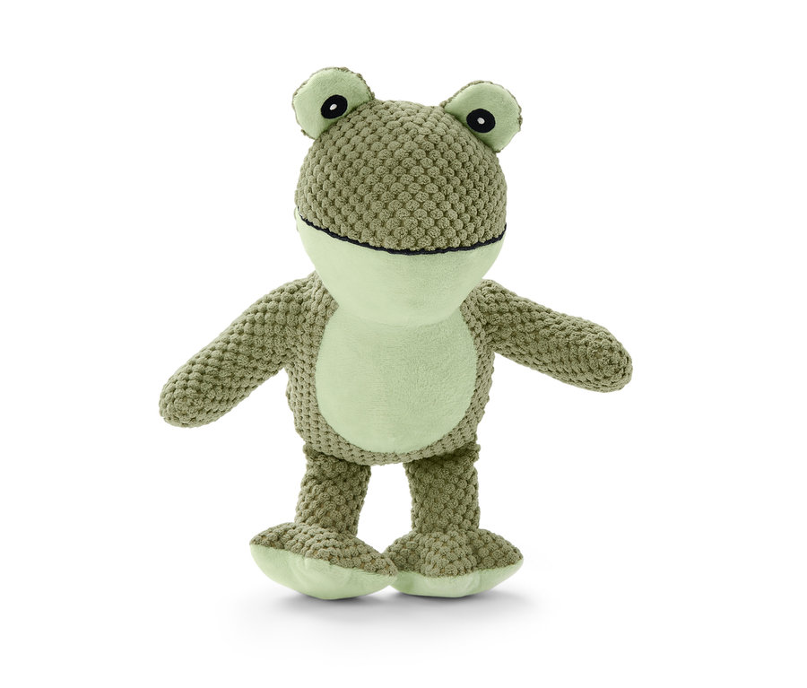 Ein Hunde-Plüschspielzeug »Frosch« steht vor einem weißen Hintergrund.