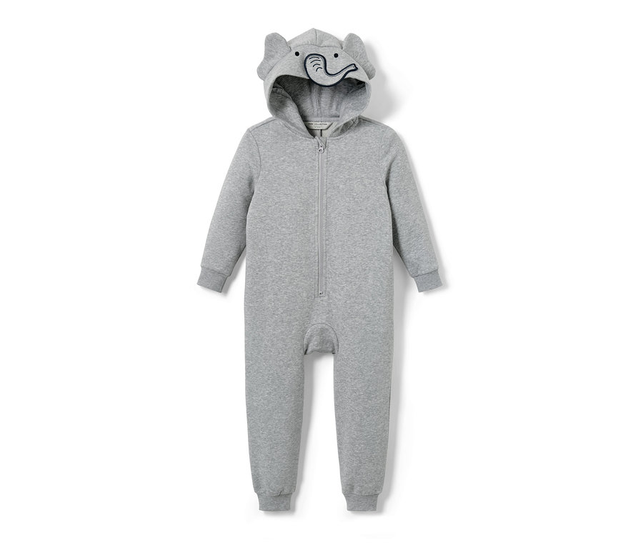 Ein grauer Kinder-Lounge-Overall mit Kapuze und Elefantenohren.