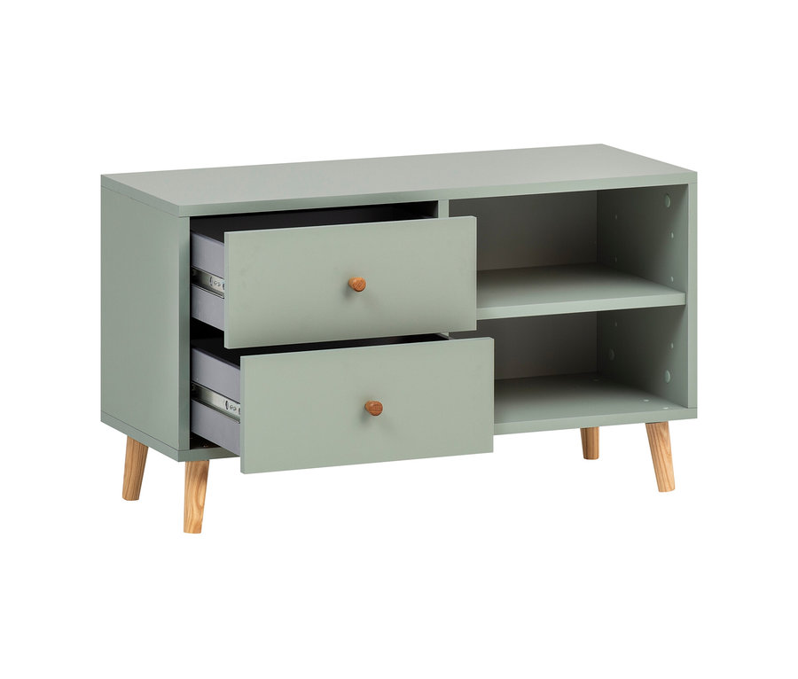 Pistazienfarbene Badbank »Bjarne« mit offenen Schubladen und Regalen.