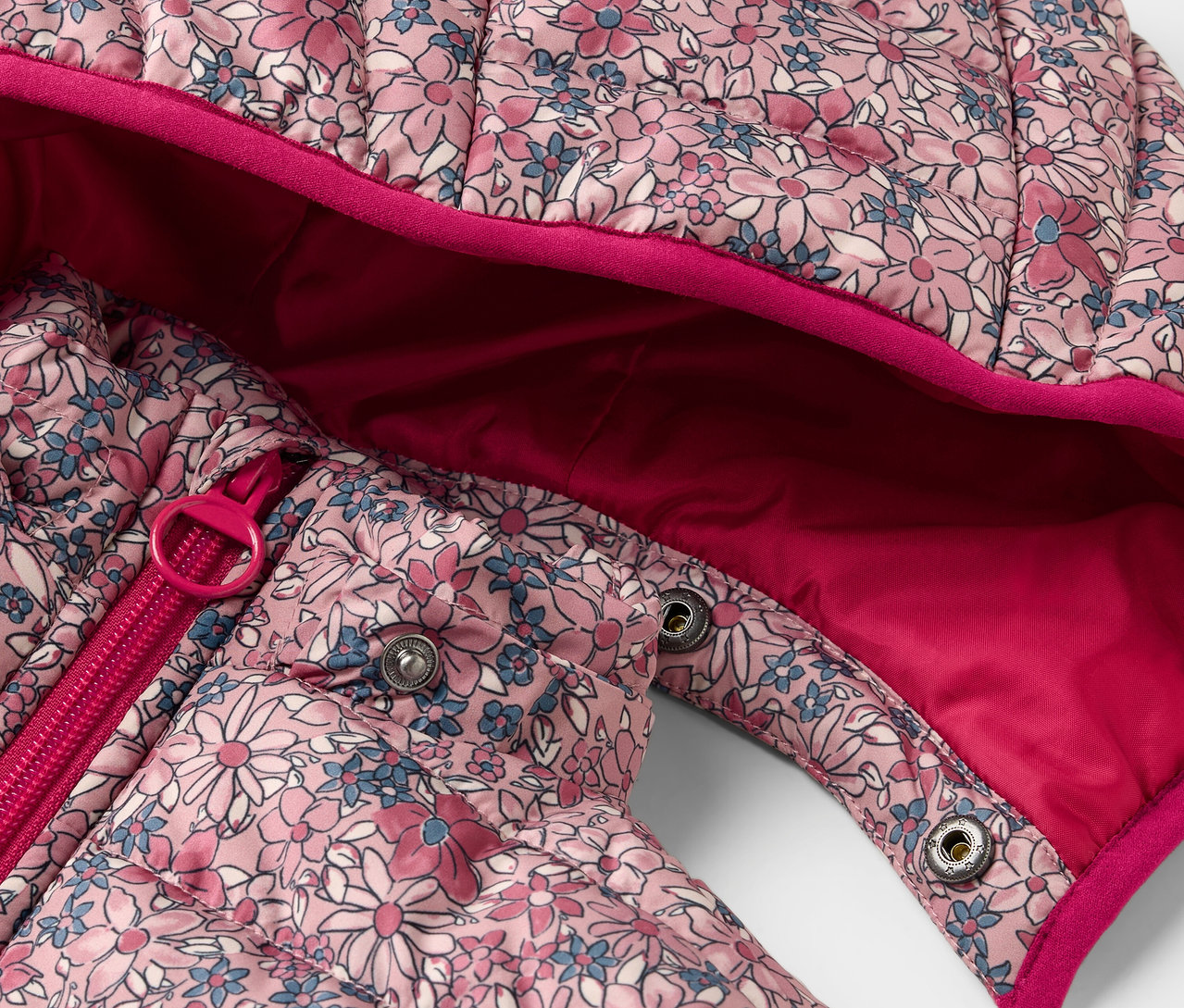 Detailansicht einer Kinder-Steppjacke mit Blumenmuster, Reißverschluss und Druckknöpfen.