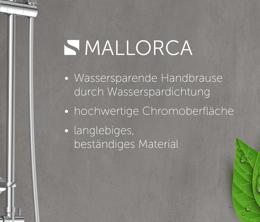 Chromfarbenes Überkopfbrause-Set »Mallorca« vor grauem Hintergrund.