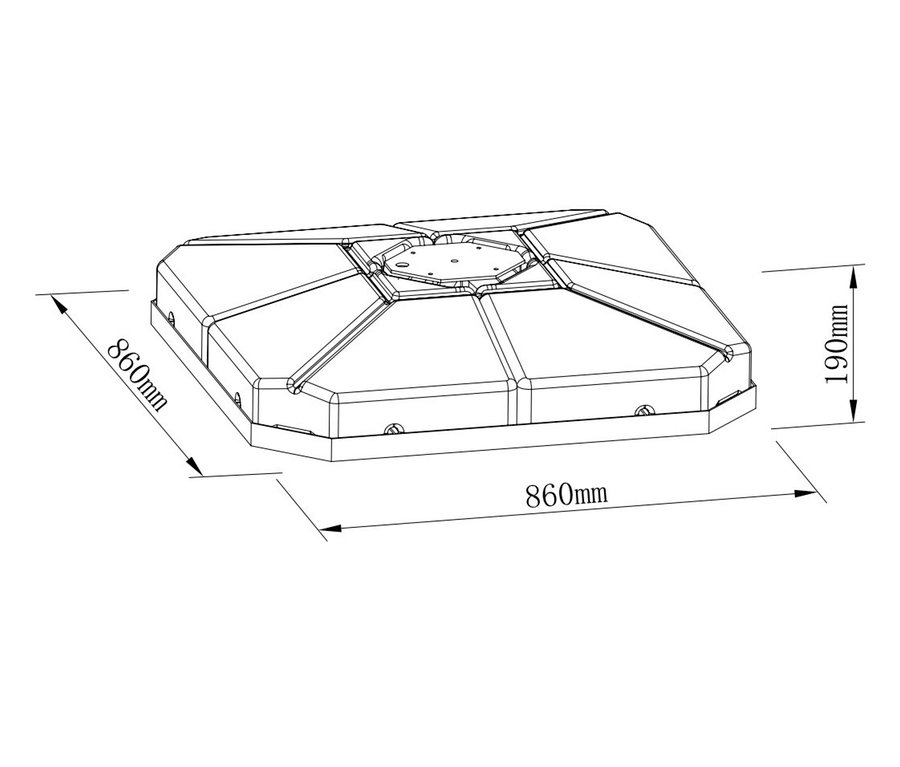 Das Diagramm zeigt die Abmessungen des Leco LED-Ampelschirms, ca. 350 cm, inkl. Abdeckhaube, mit den Maßen 860 mm x 860 mm und einer Höhe von 190 mm.