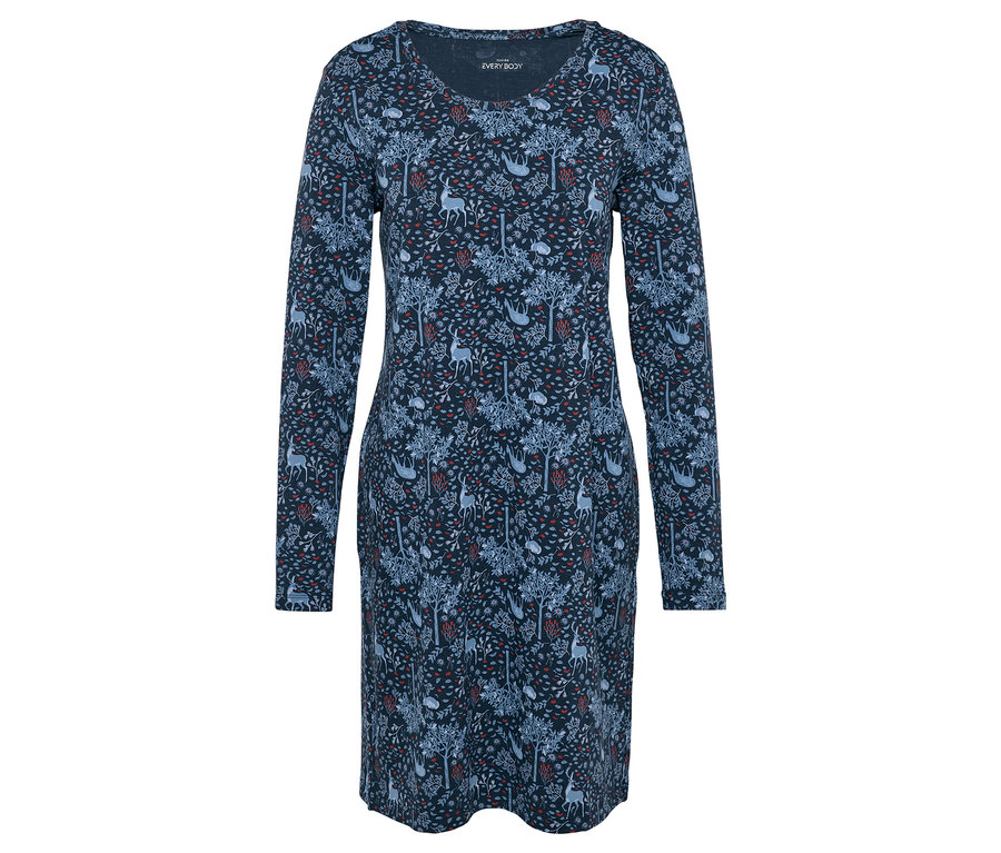 Blaues, langärmeliges Kleid mit Baum- und Tiermuster.