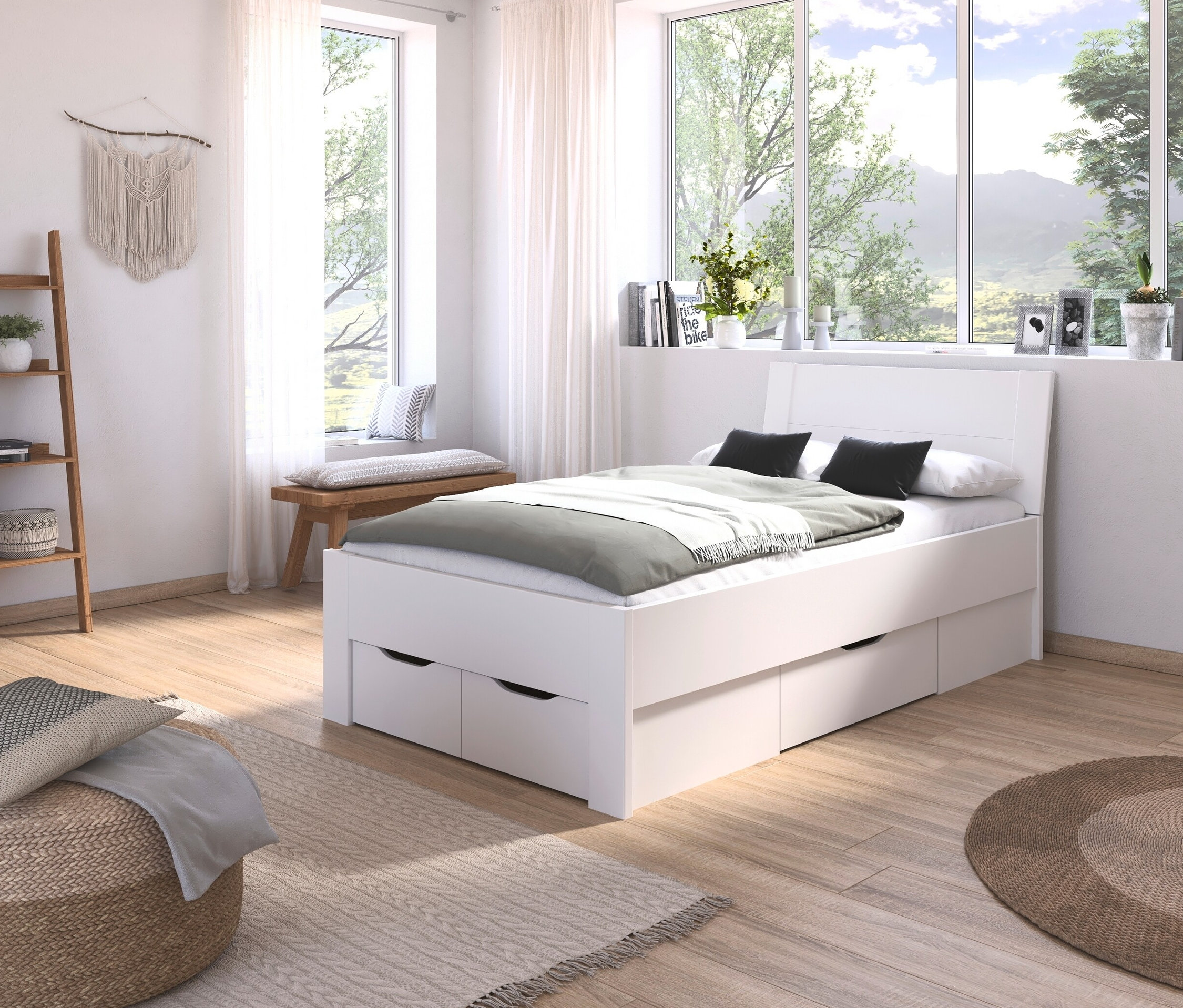Zimmer mit weißem rauch Bett »Aditio Beds« 120 cm breit, einem Holzregal und einem runden Hocker.