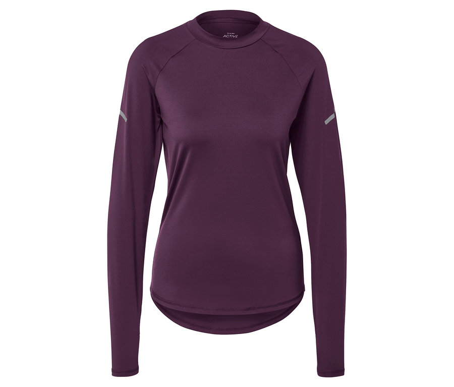 Violettes, langärmliges Funktionsshirt auf weißem Hintergrund.