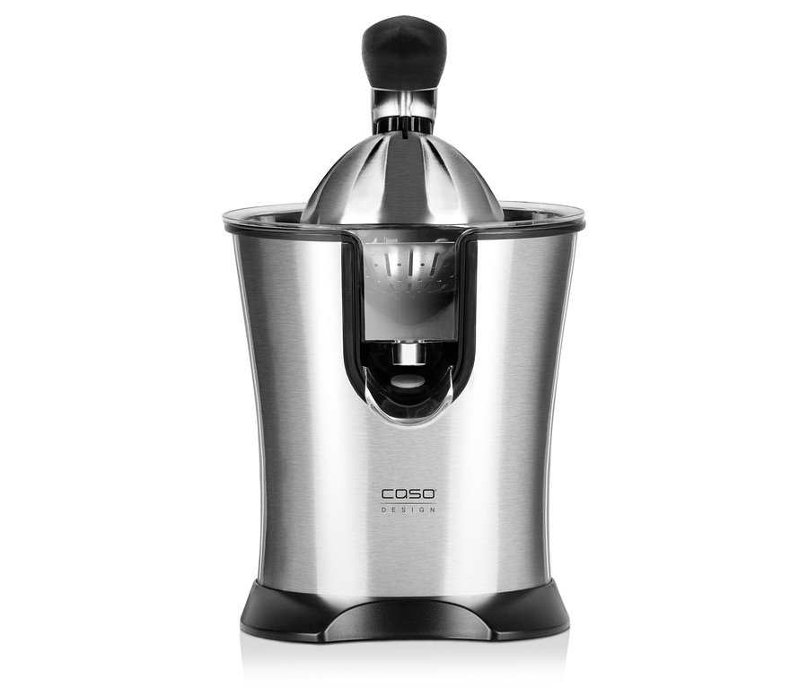 Eine »CP200« Zitruspresse aus gebürstetem Stahl steht auf einem weißen Hintergrund.