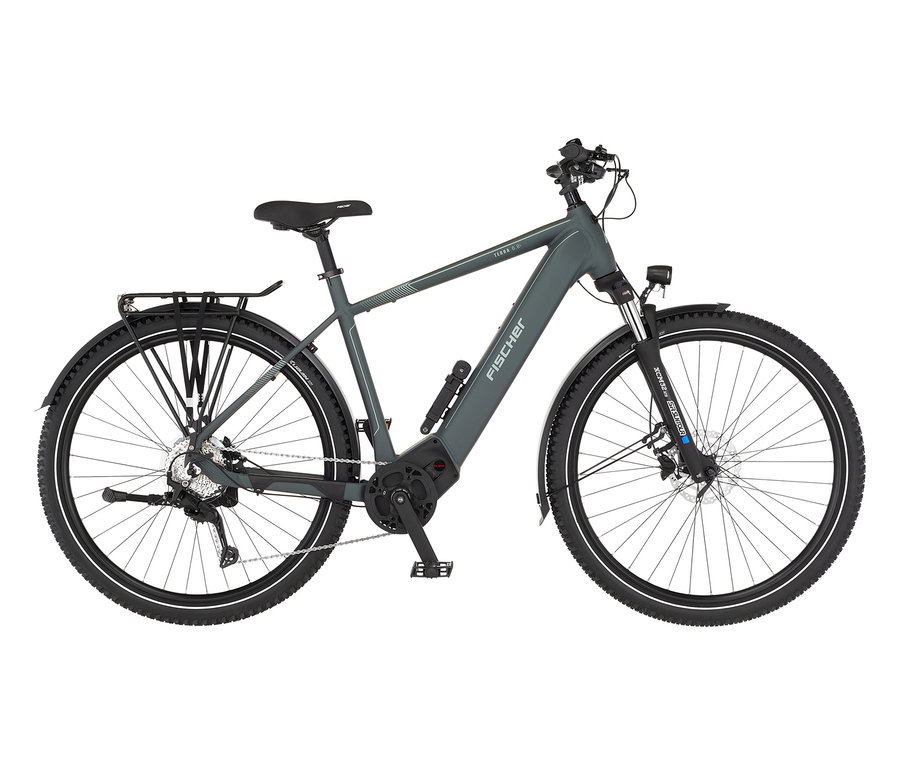 Graues FISCHER ATB E-Bike TERRA 6.8i ULTIMATE, 55 cm, mit Diamant Rahmen steht auf einem weißen Hintergrund.