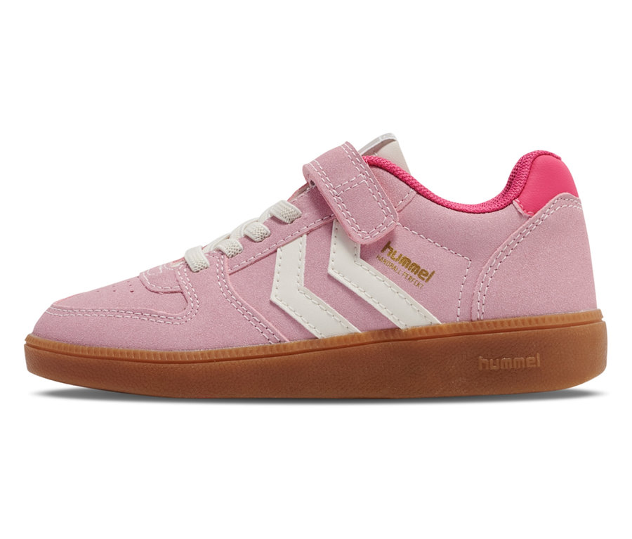 Rosa hummel® Sneaker Handball Perfekt CL JR mit weißen Streifen und Klettverschluss.