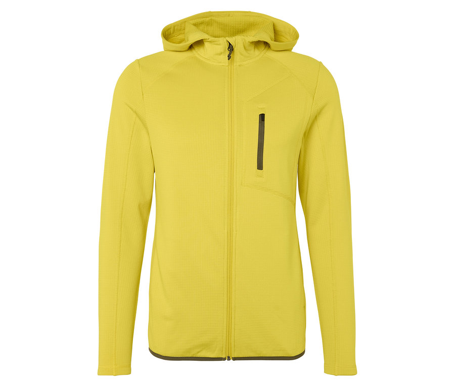 Gelbe Funktionsjacke mit Kapuze und Reißverschluss.