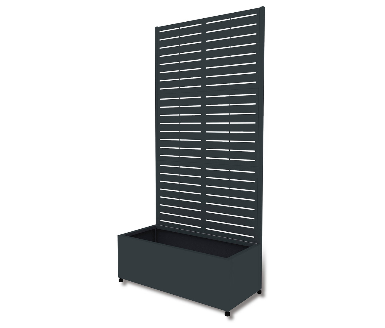 Grauer Sichtschutz mit Pflanzkasten, 90 x 184 x 42,5 cm.