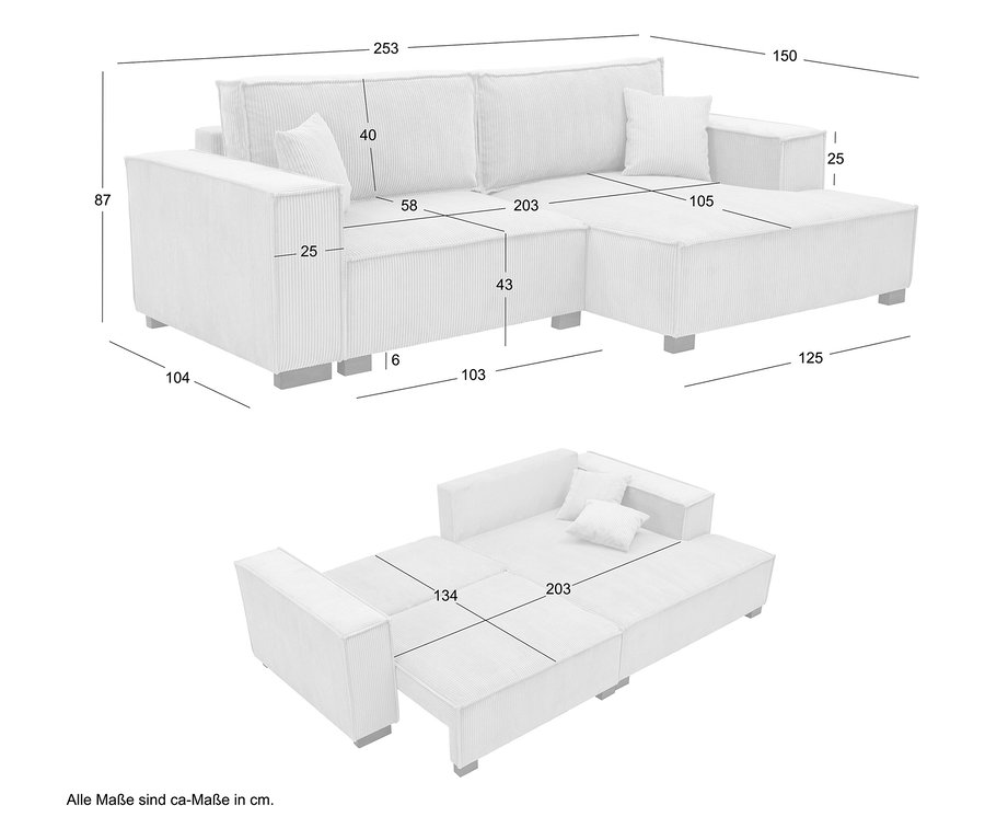 Skizze eines cremefarbenen Cord-Ecksofas mit Maßen in Zentimetern.