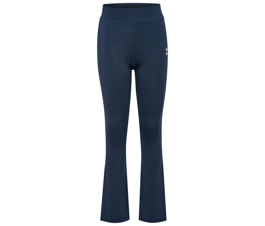 Marineblaue hummel® HMLJR High Waist Flared Tights liegen auf einem weißen Hintergrund.
