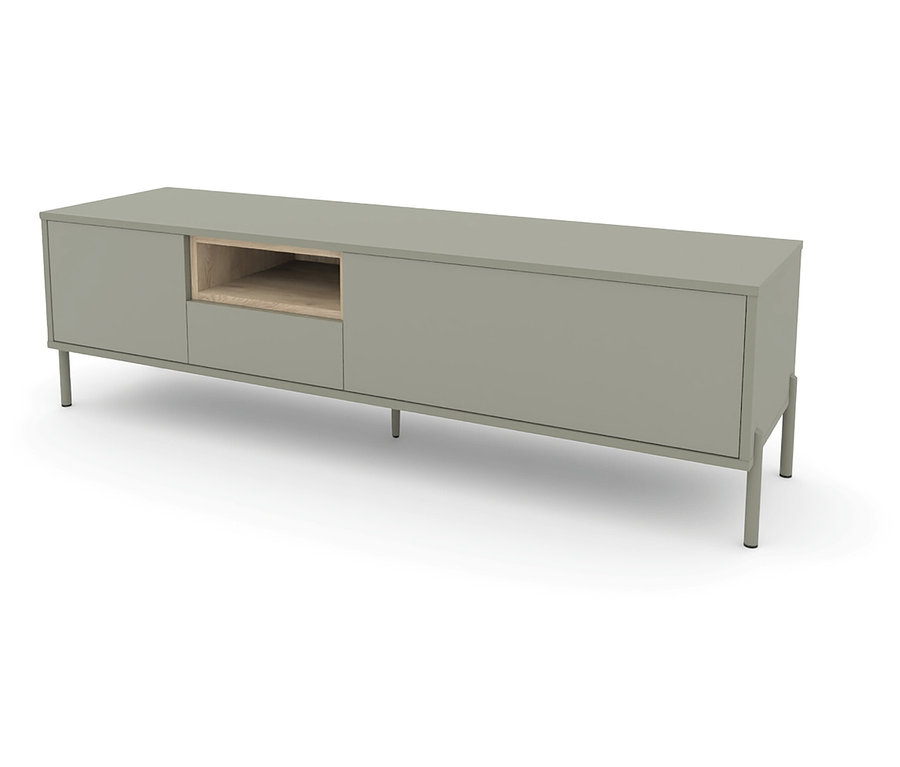 Salbeigrüne Lowboard "Hygge" mit zwei Schranktüren und einem offenen Holzfach auf schlanken Füßen.