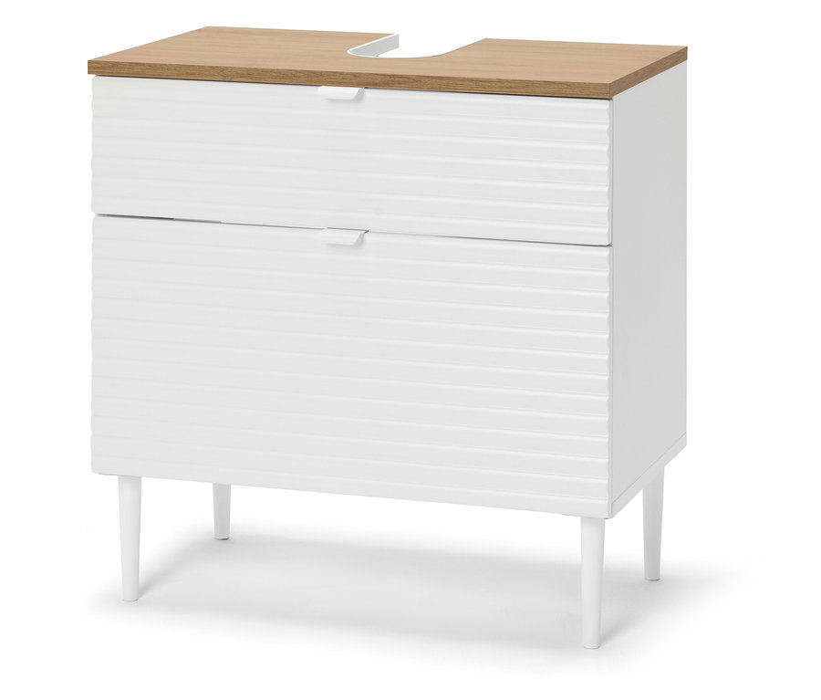 Weißer Badezimmerschrank mit zwei Schubladen und hellem Holzwaschtisch.