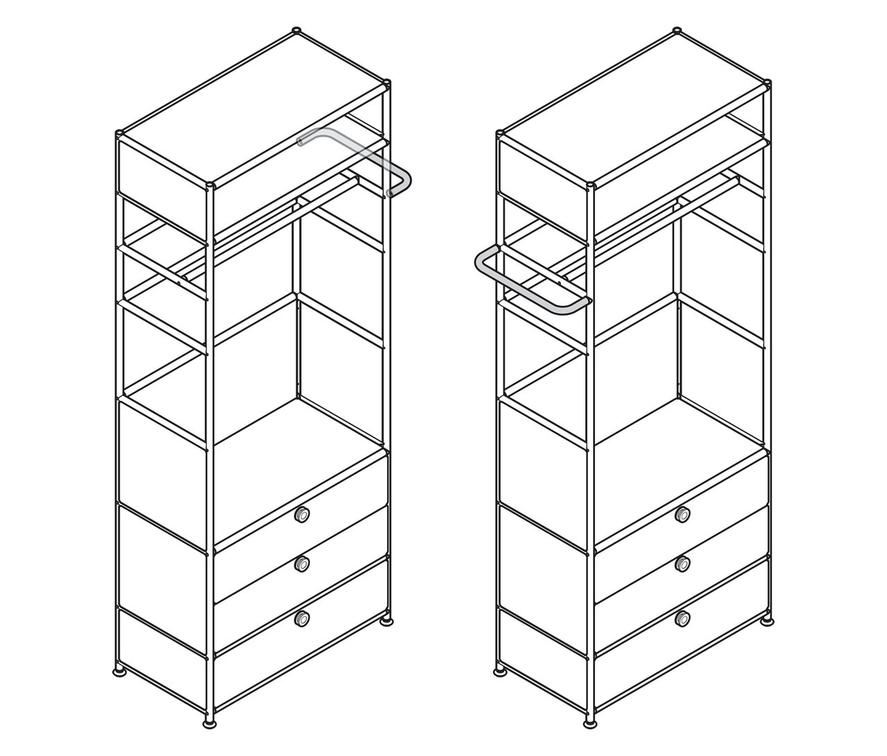 Zwei Metallgarderoben »CN3« mit Kleiderstange und 3 Schubladen sind in einer Strichzeichnung dargestellt.