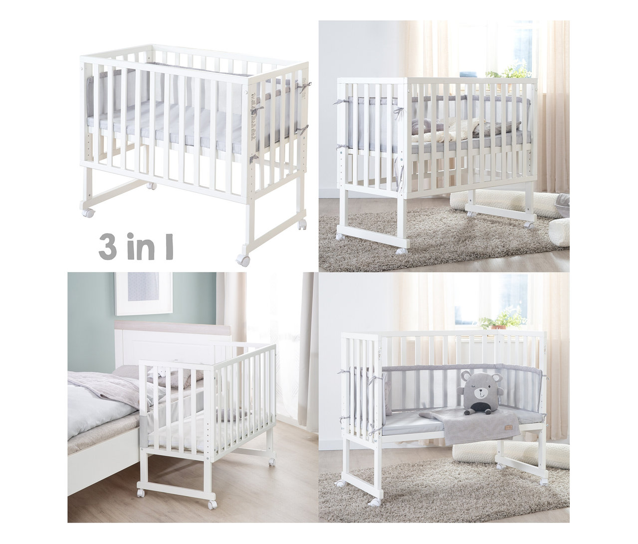 Collage zeigt das roba 3-in-1-Stuben-Beistellbett in verschiedenen Konfigurationen.