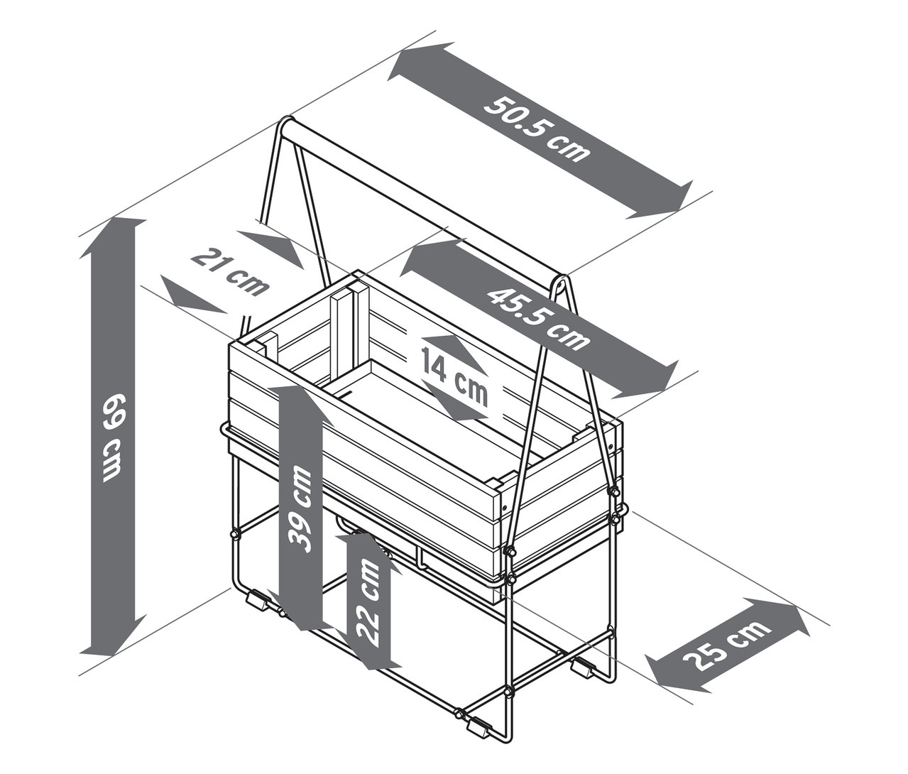 Detaillierte schematische Darstellung eines Kräuterkastens mit Tragegestell »Elin« und Maßangaben.
