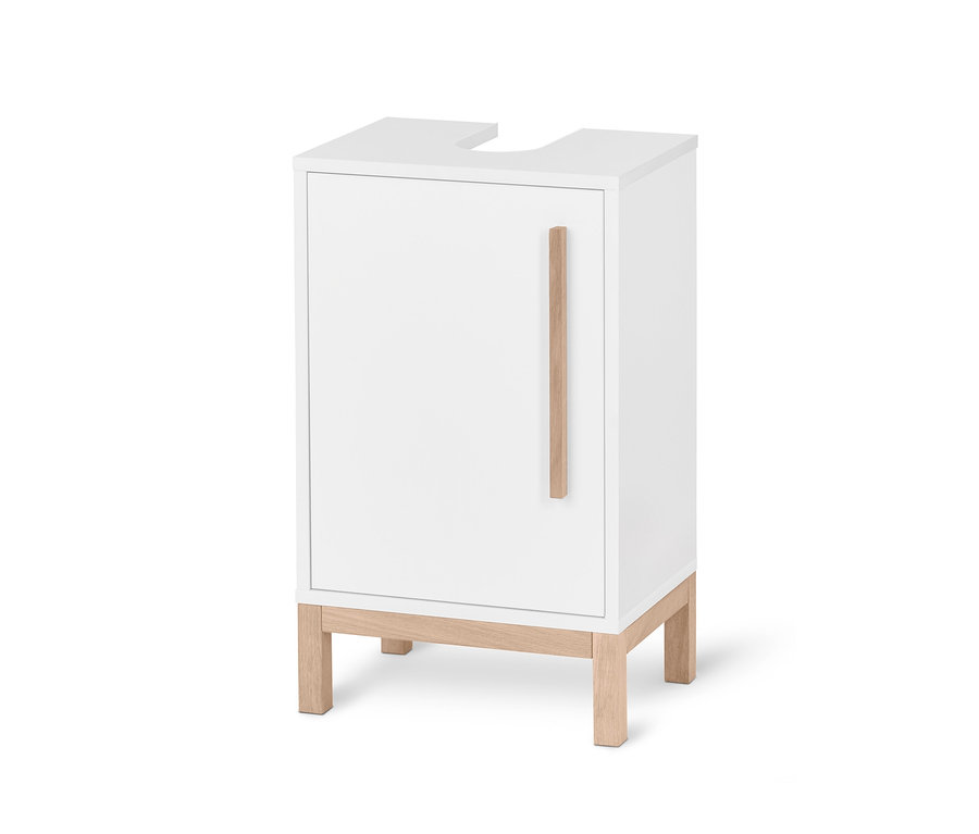 Weißer, kleiner Waschbeckenunterschank »Eklund« mit Holzgriff und -füßen.