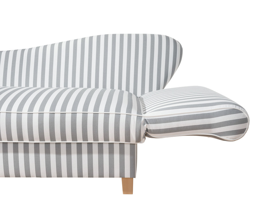 Detailansicht einer Recamiere »Saturn« mit Stauraum, rechts, gestreift.