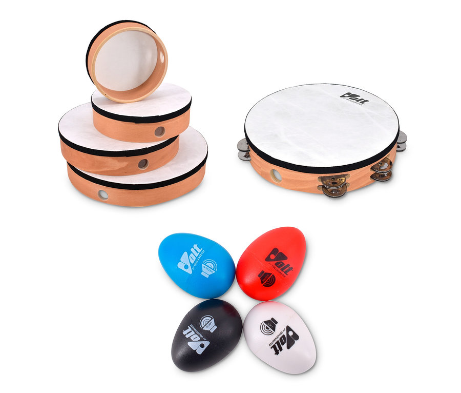 Ein Voggenreiter-VOLT-Familien-Trommel-Set und vier Rassel-Eier in Blau, Rot, Schwarz und Weiss.