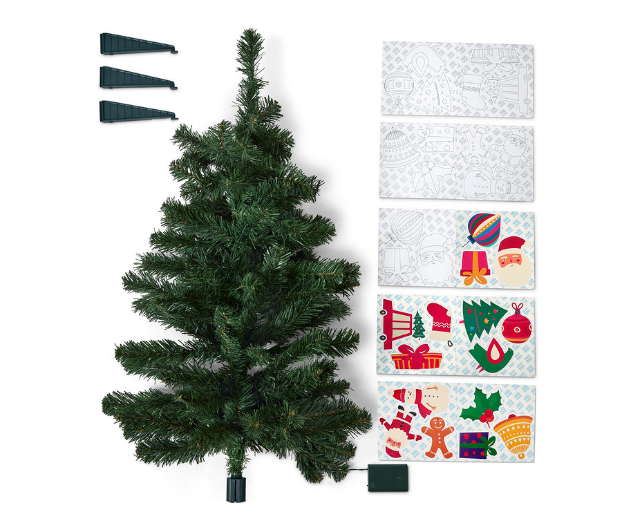 Ein grüner LED-Weihnachtsbaum mit Dekorationen auf einem weißen Hintergrund.