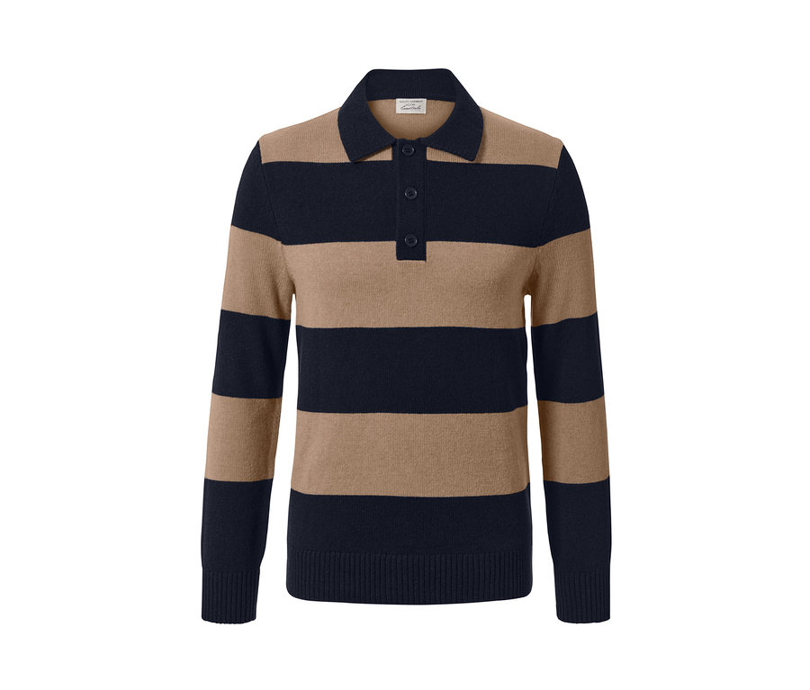 Gestreifter Pullover mit Cashmere-Anteil, Kragen und Knöpfen.