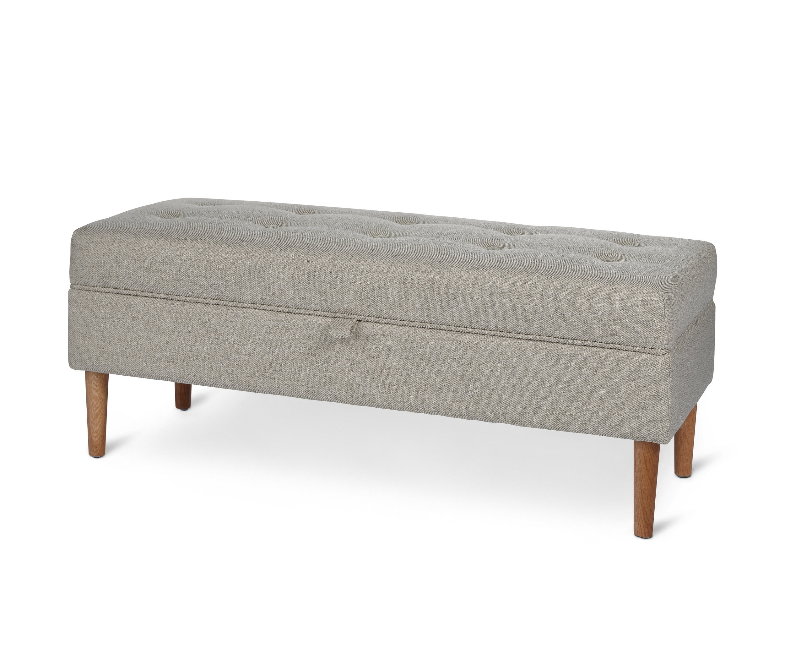 Graue Polsterbank mit Truhenfunktion und Knöpfen.