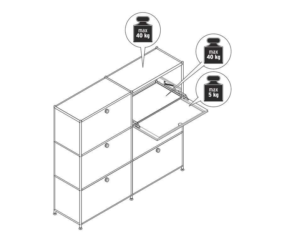 Skizze einer Kommode Metall »CN3« mit 6 Klappenfächern, groß, wobei eines geöffnet ist. Maximale Belastung der Oberseite 40 kg und der Klappenfächer 5 kg.