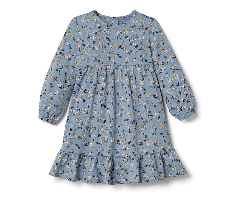 Blaues Baby-Jerseykleid mit Blumenmuster.