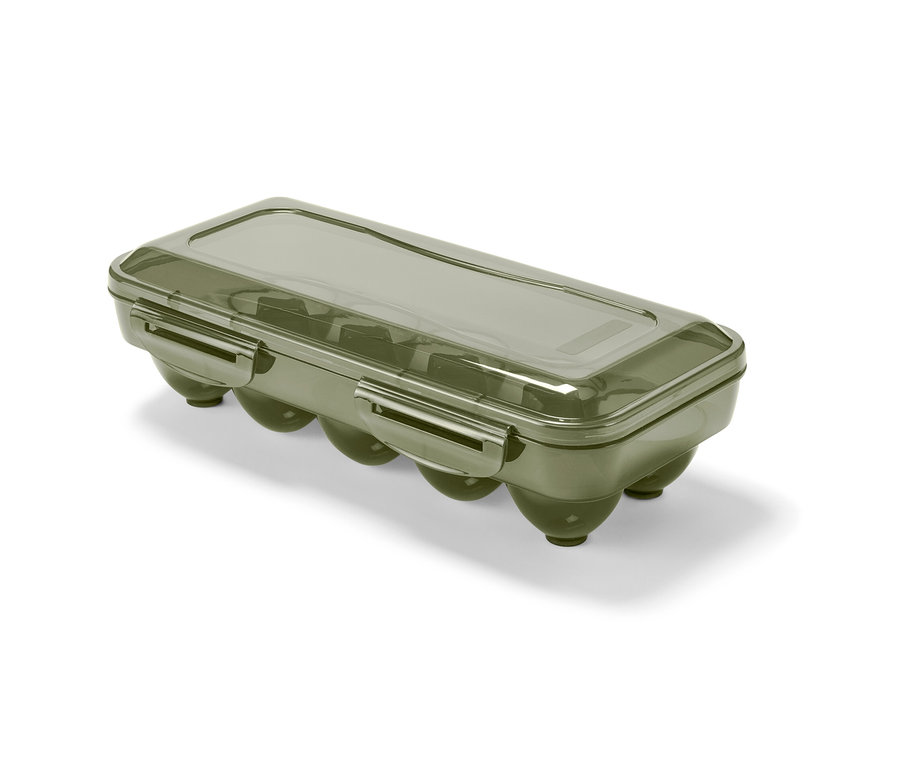Eine geschlossene, olivgrüne Eier-Aufbewahrungsbox.