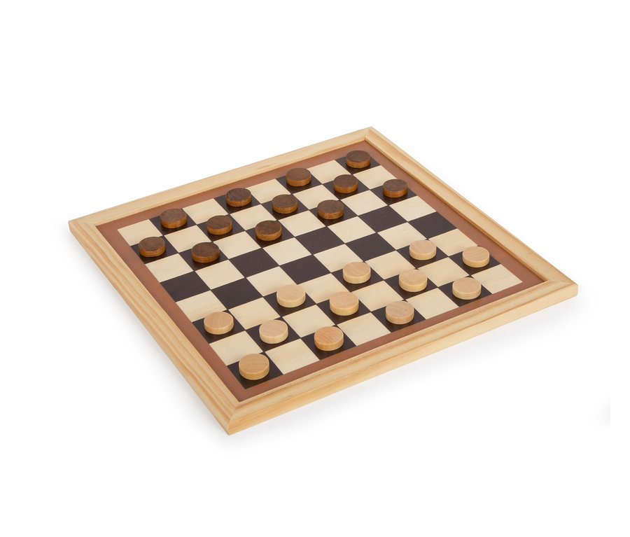 Quadratisches Schachbrett mit Holzrahmen und braun-cremefarbenen Spielsteinen, aus der small foot Spielesammlung, 7 Klassiker.