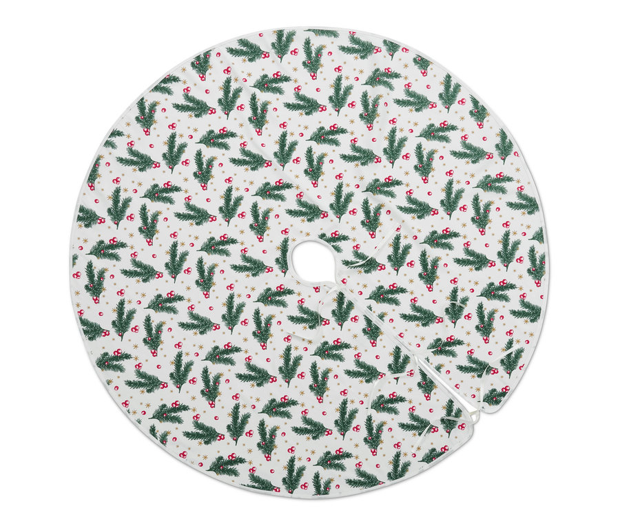 Eine runde Tannenbaumdecke mit einem Aufdruck aus Zweigen und Beeren.