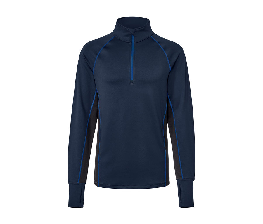 Dunkelblaues Thermo-Funktionsshirt mit langen Ärmeln und Reißverschluss.