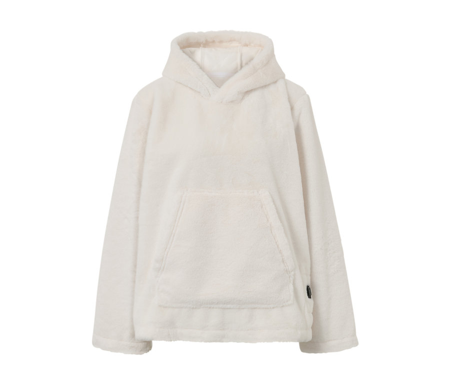 Ein weißer Akku-Heizpullover mit Kapuze und Kängurutasche.