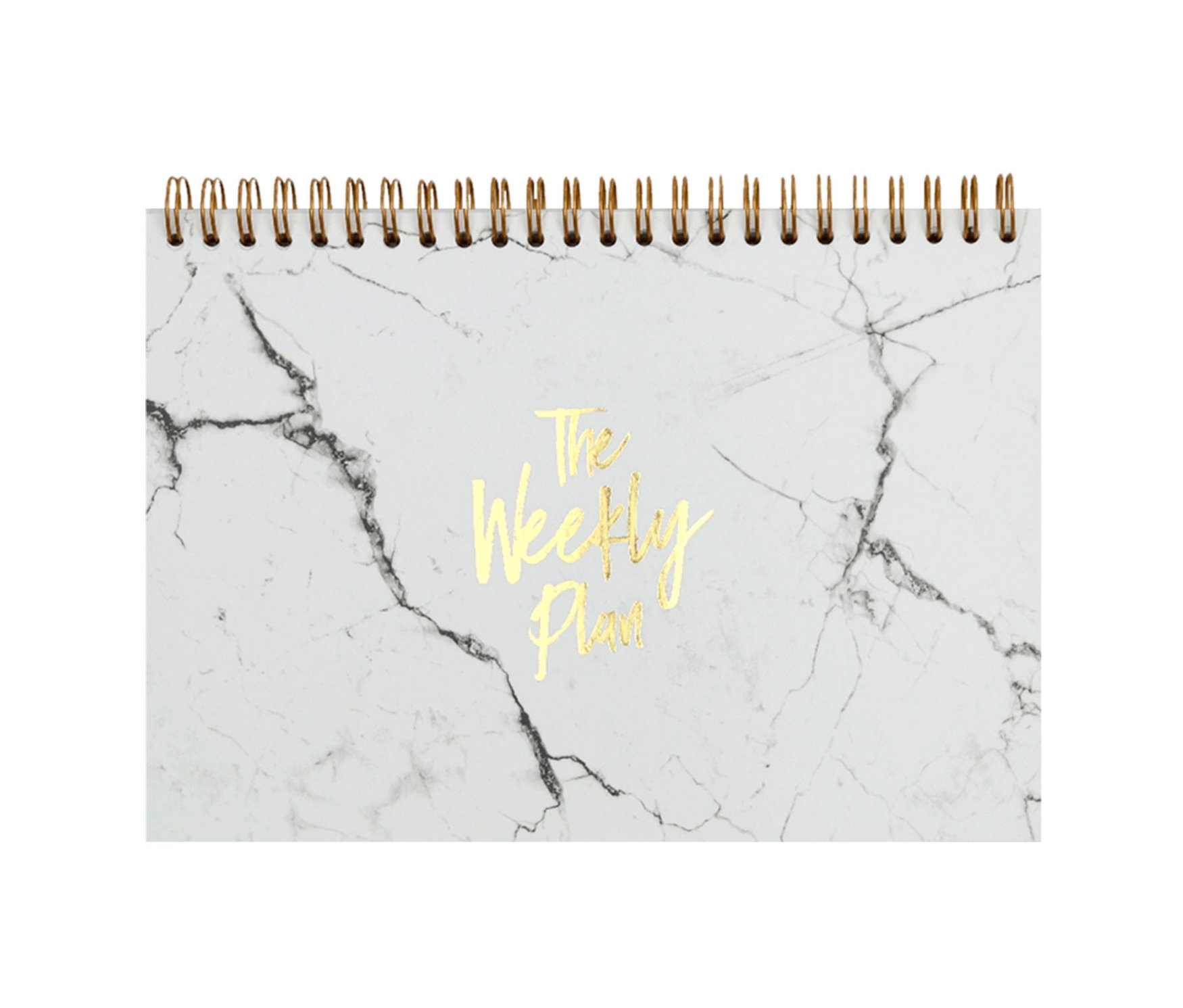 Abgebildet ist ein Notizblock »Weekly Plan« mit Marmormuster und goldener Aufschrift.
