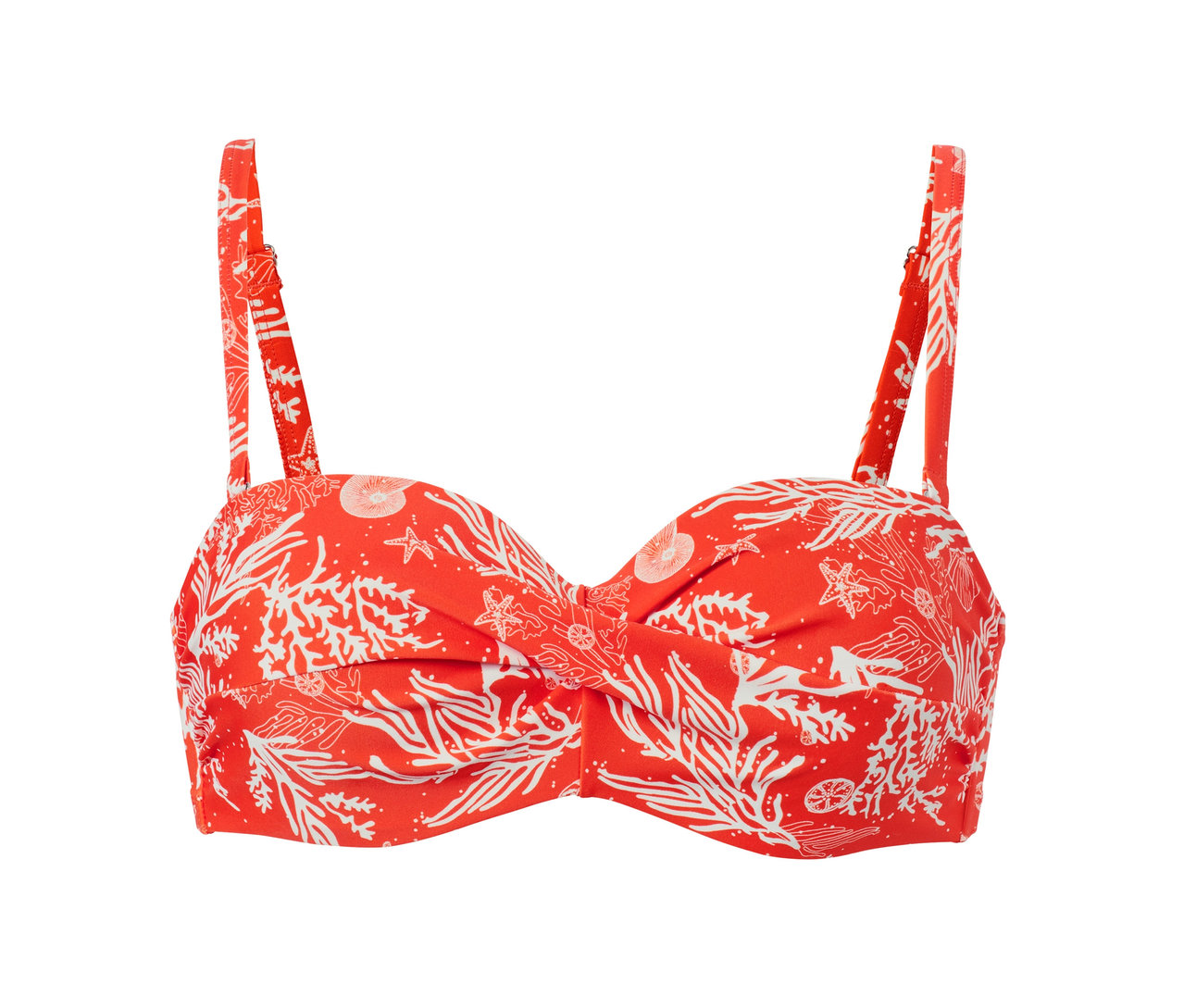 Detailansicht von einem Bikini-Top »Multistyle« mit recyceltem Material mit rot-weißem Aufdruck mit Meeresmotiven auf weißem Hintergrund.