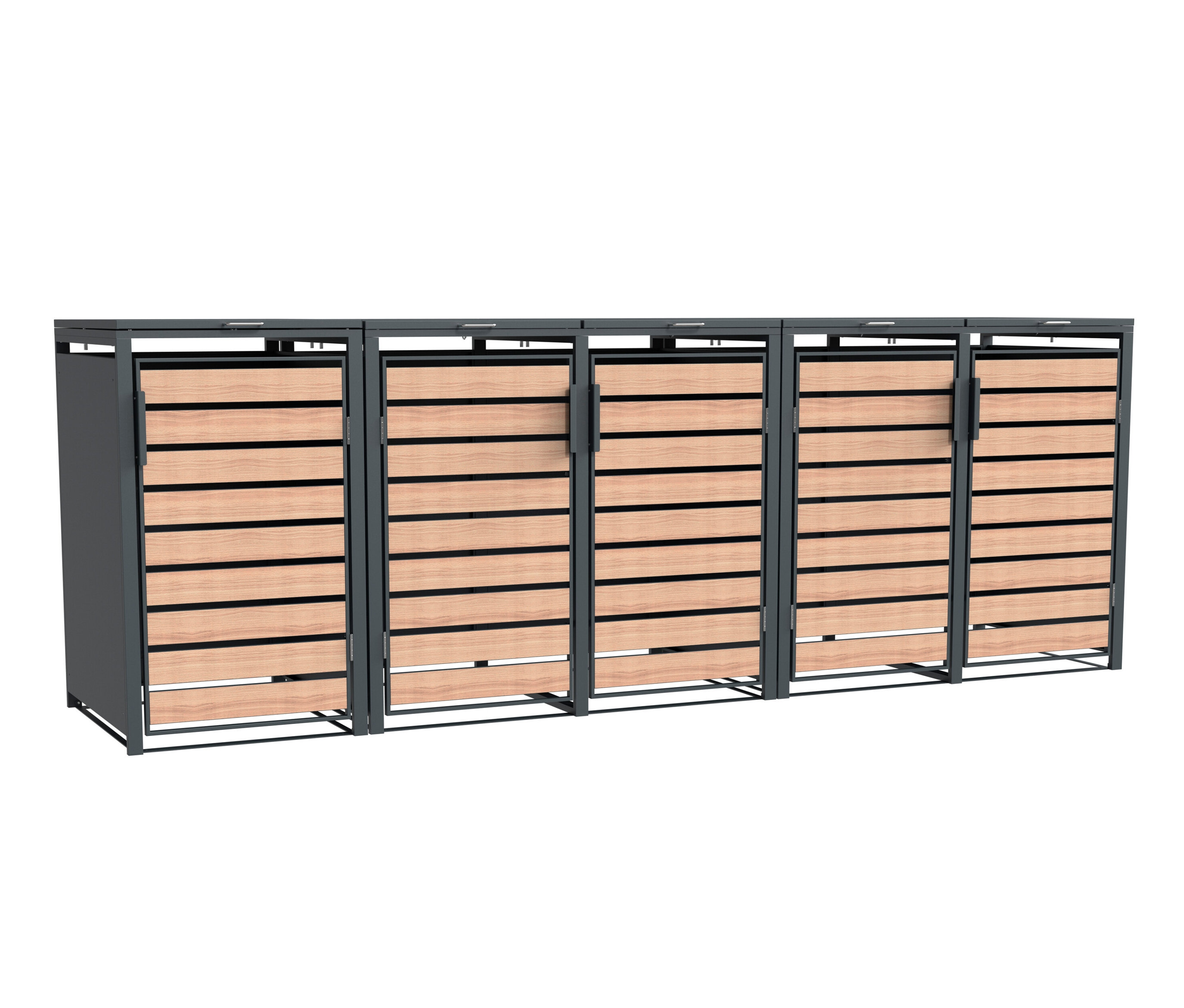 Fünf Mülltonnenboxen, 1er und 5er.