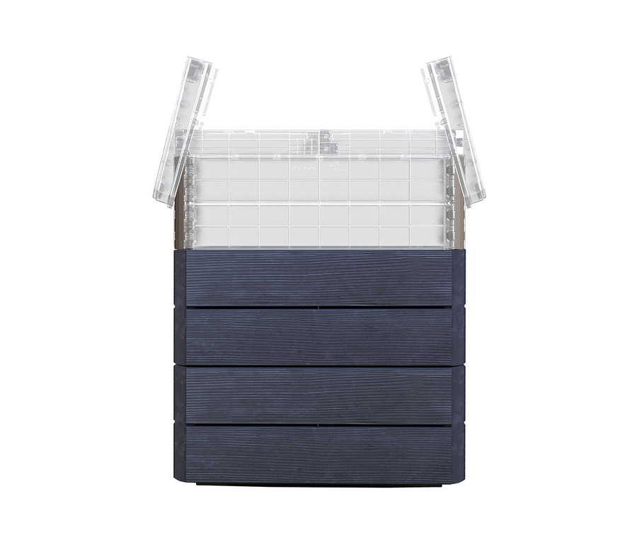 Offenes Garantia Ergo Hochbeet »M85 TurboPlus« mit blauem Holzrahmen und durchsichtiger Kunststoffabdeckung.