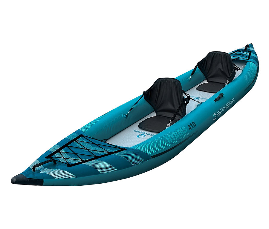 Türkisblaues Spinera Hybris 410 2-Personen-Kajak mit schwarzen Sitzen.