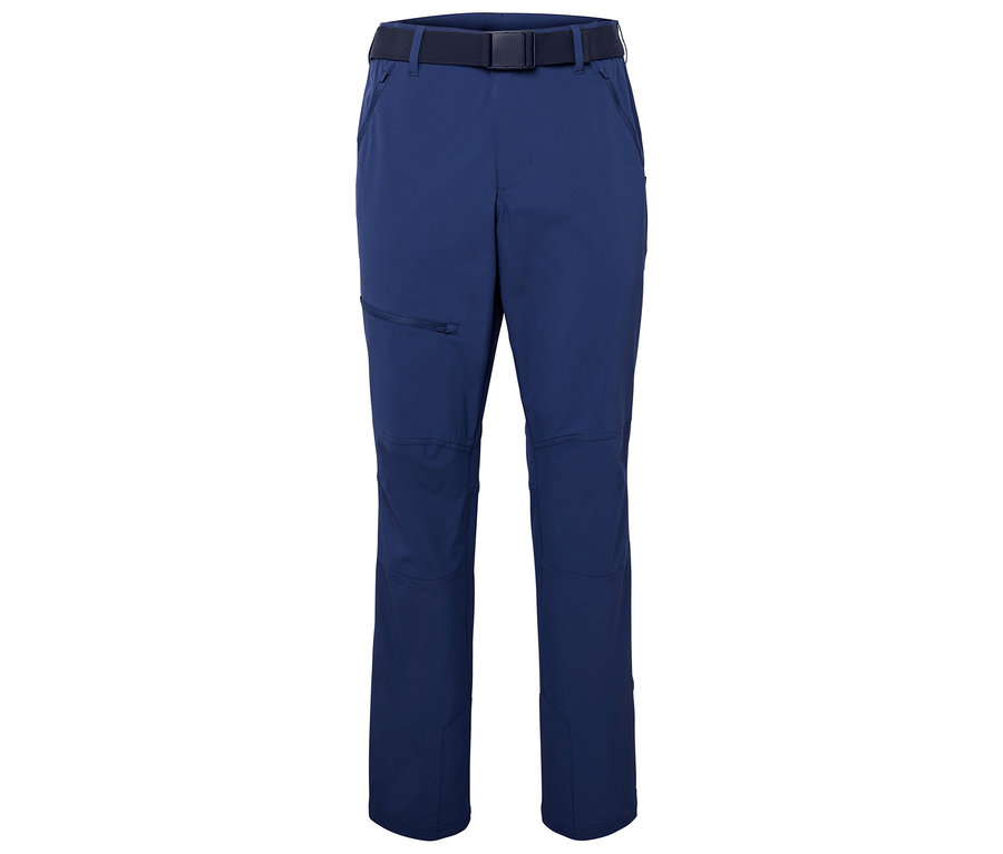 Blaue Softshell-Outdoorhose mit Gürtel.