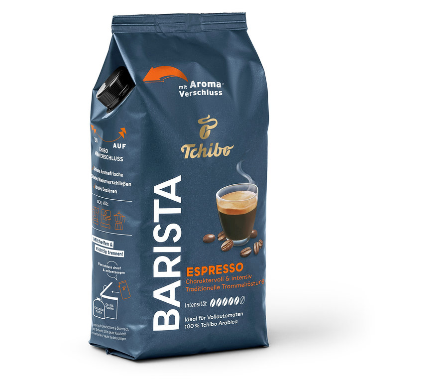 Eine Packung Tchibo Barista Espresso, gemahlener Kaffee. Die Packung ist dunkelblau und zeigt eine Tasse Espresso und Kaffeebohnen.
