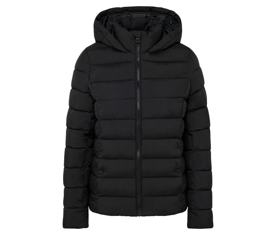 Schwarze Steppjacke mit Kapuze.