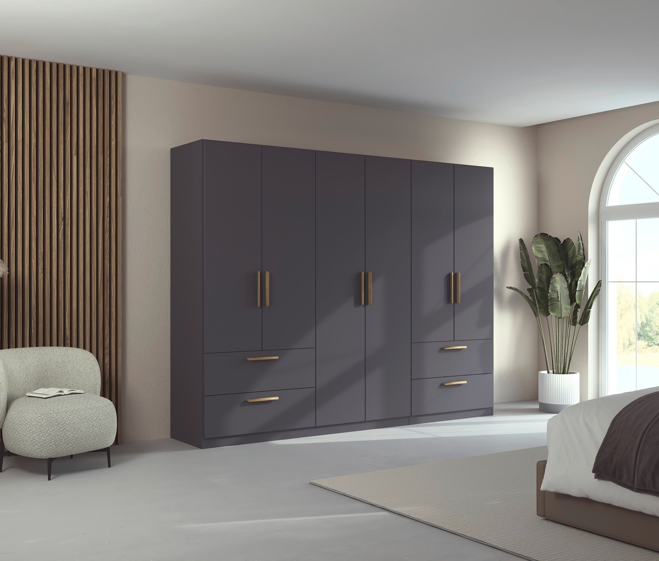 Schlafzimmer mit grauem, 6-türigem rauch Drehtürenschrank »Skandi« und cremefarbenem Sessel.