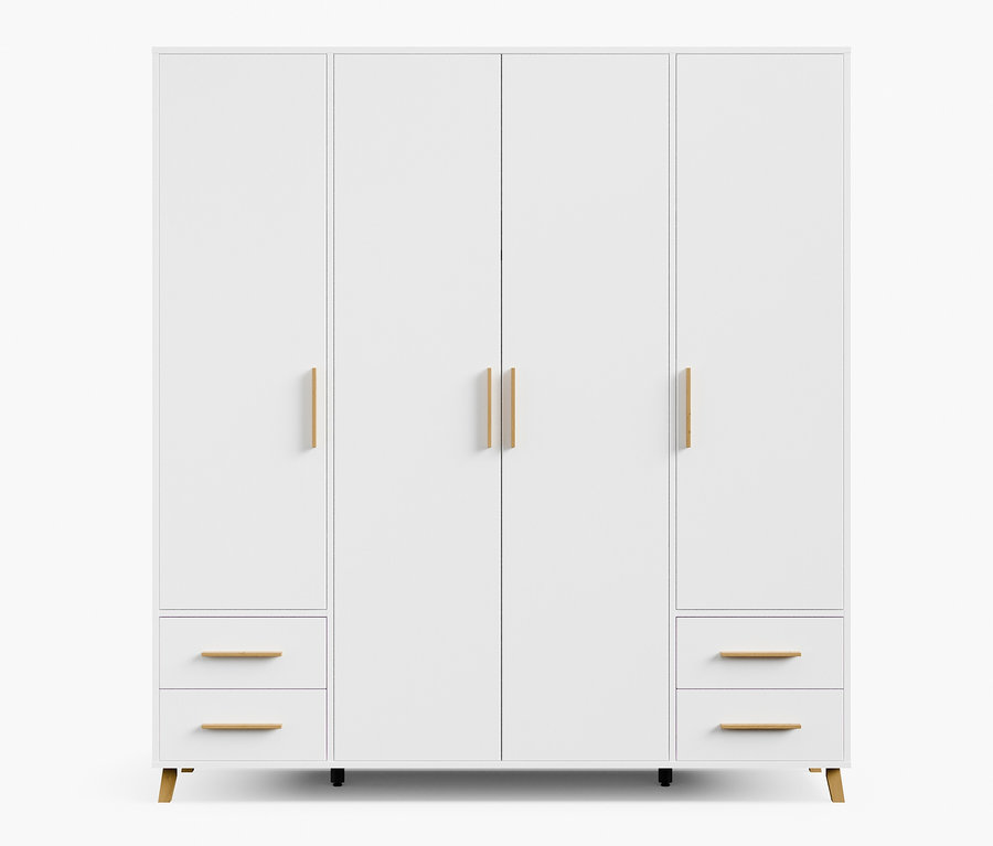 Weißer Drehtürenschrank »Shinjo« mit vier Türen und vier Schubladen.