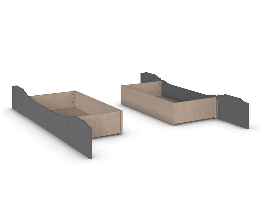 Zwei graumetallicfarbene Bettschubladen »Holga« liegen auf einem weißen Hintergrund.